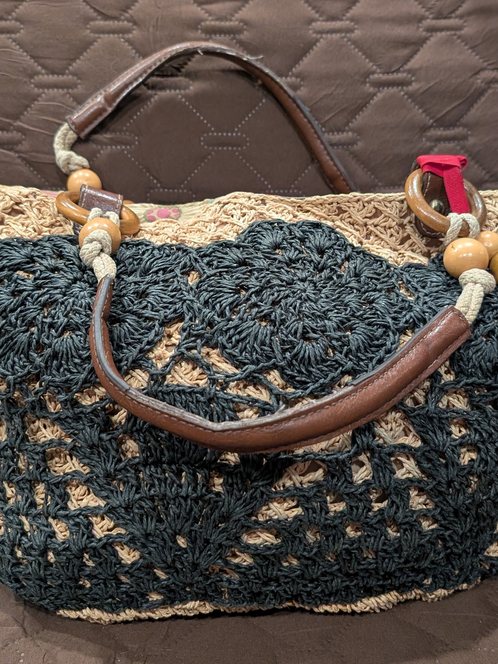 Fossil Handwoven Black and Tan Crochet Tote Bag with Leather Handles